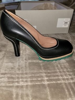 Marni Black Leather High Heel Pump with Green Lug Sole